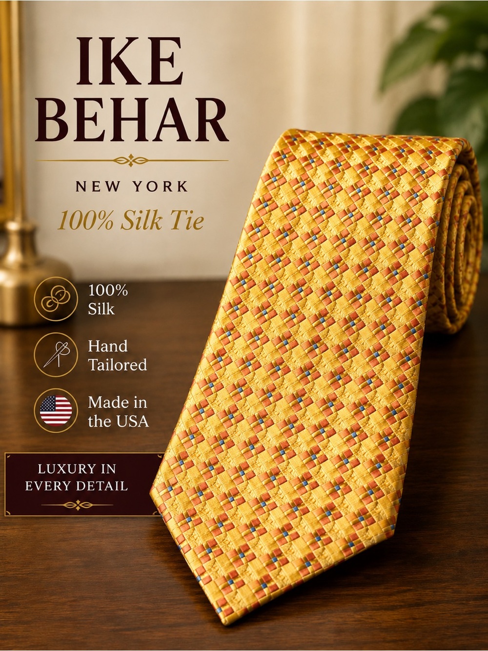 IKE BEHAR New York 100% Silk Gold Geometric Neck Tie | Hand Tailored | NWOT